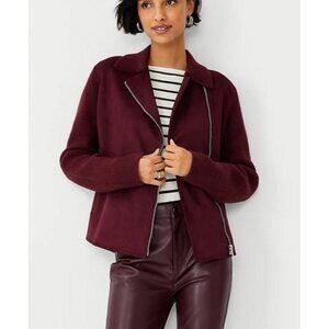 LOFT Woman's Sz S Faux Suede Moto Sweater Jacket Burgundy Symmetrical Zip